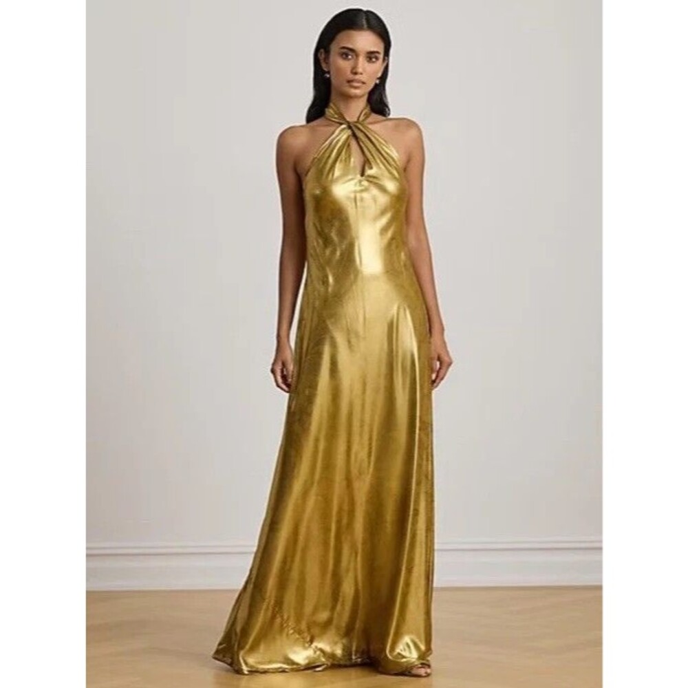 $325 Lauren Ralph Lauren Women’s Paisley Metallic Georgette Halter Gown Gold 14
